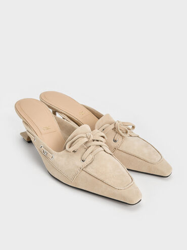 Kori Suede Lace-Up Sculptural-Heel Mules, Beige, hi-res