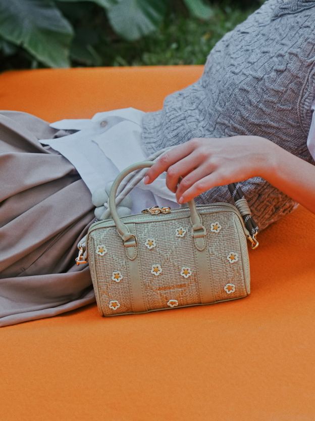 Philomena Raffia Flower Bowling Bag, Pale Olive, hi-res