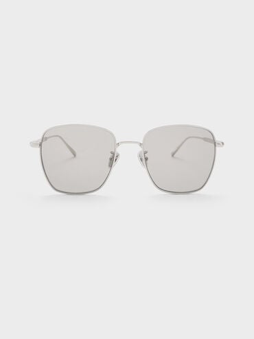 Delta Metallic-Rim Square Sunglasses, Silver, hi-res