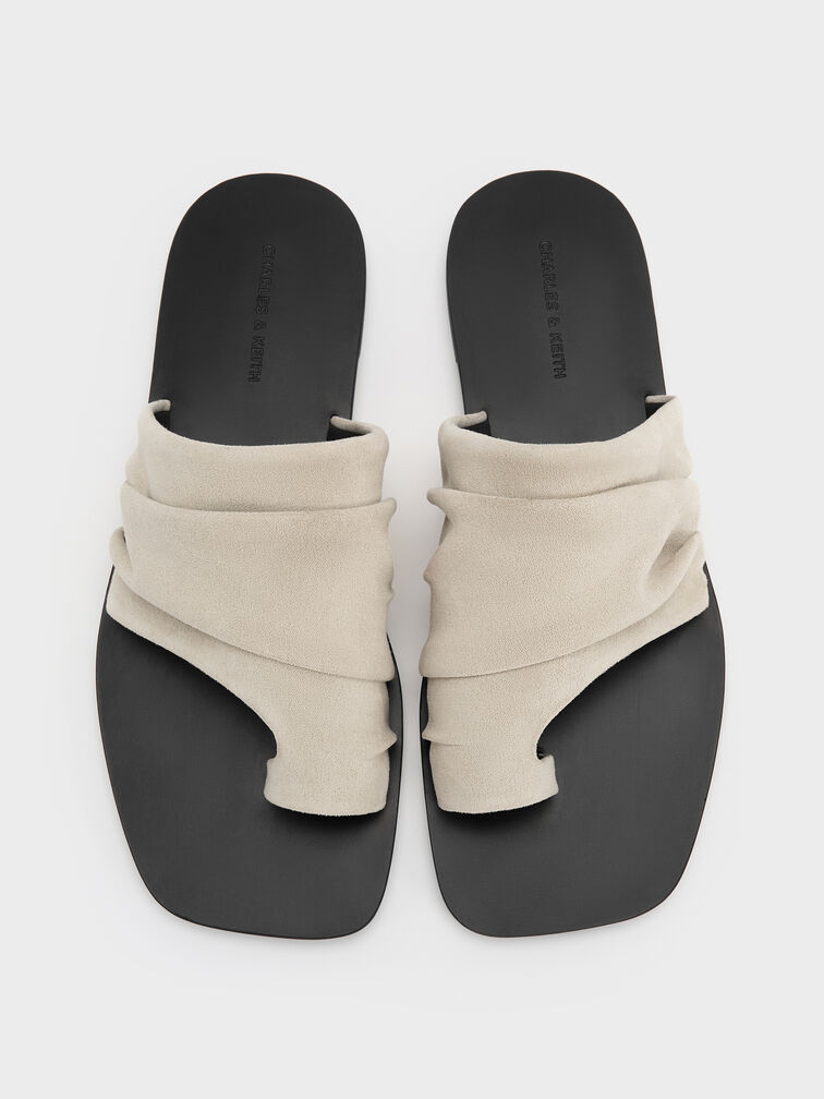 Faux Suede Ruched Toe-Ring Sandals, Chalk, hi-res