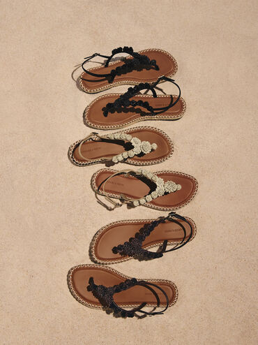 Flower Espadrille Thong Sandals, Dark Brown, hi-res