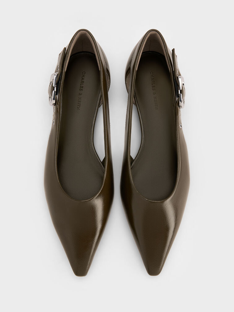 Buckled Cut-Out Ballet Flats, Olive, hi-res