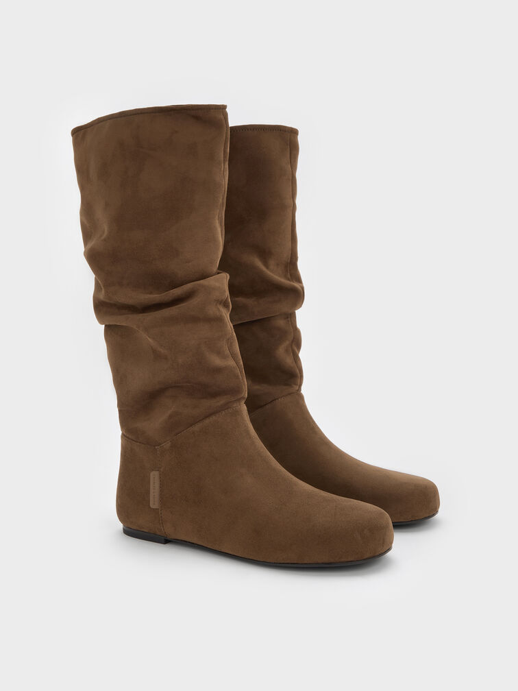 Faux Suede Ruched Knee-High Boots, Brown, hi-res