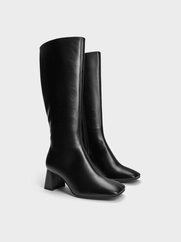 Square-Toe Side-Zip Knee-High Boots, Black, hi-res