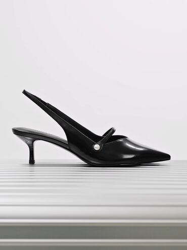 Helena Pearl-Buckle Pointed-Toe Slingback Pumps, Black Box, hi-res