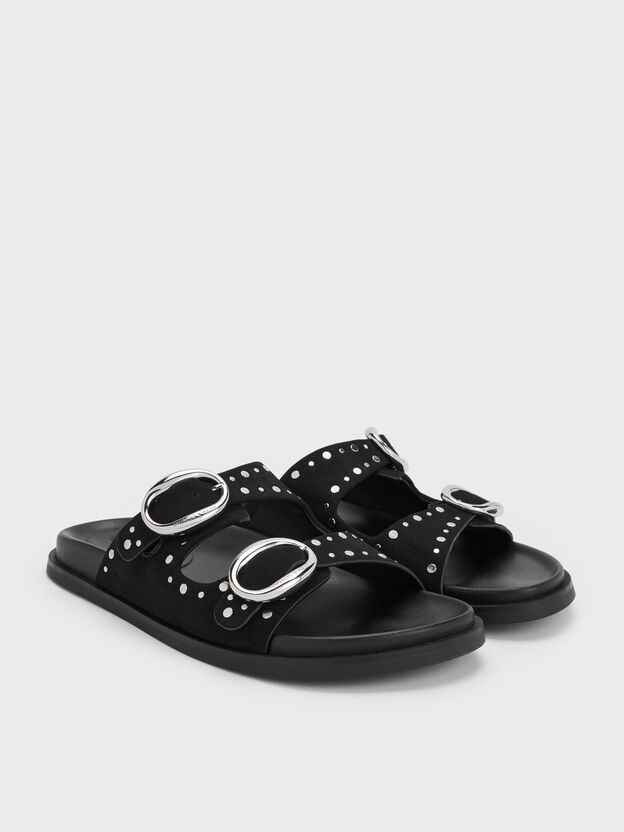 Studded Buckled Double-Strap Slides, Black, hi-res