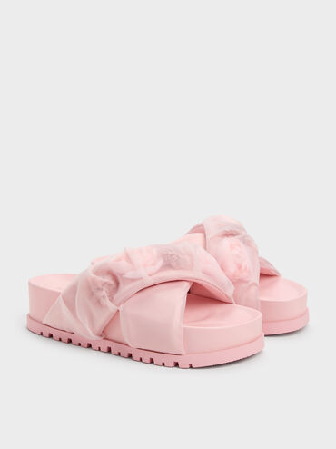 Satin Flower-Applique Crossover Sandals, Light Pink, hi-res