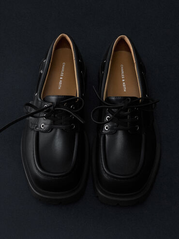 Ridged-Sole Boat Shoes, Black, hi-res