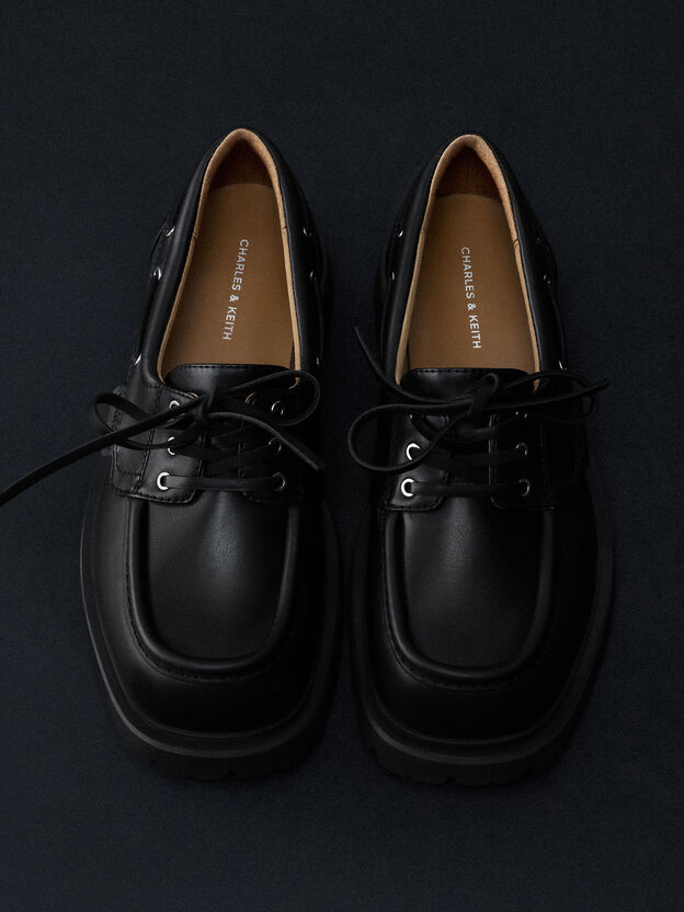 Ridged-Sole Boat Shoes, Black, hi-res