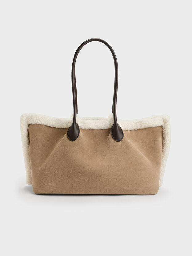 XL Cosima Fur-Trim Tote Bag, Sand, hi-res