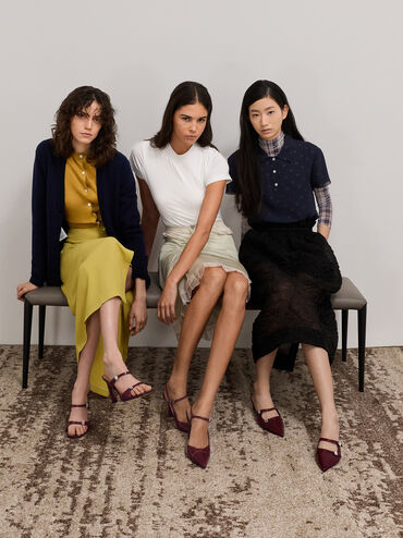 Patent Leather Gem-Buckle Double-Strap Heeled Sandals, Burgundy, hi-res