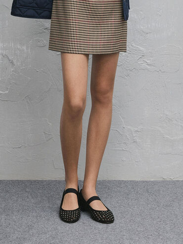 Studded Cut-Out Mary Jane Flats, Black, hi-res