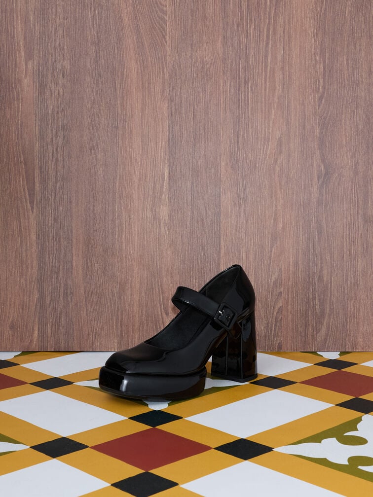 Patent Block-Heel Platform Mary Jane Pumps, Black Patent, hi-res