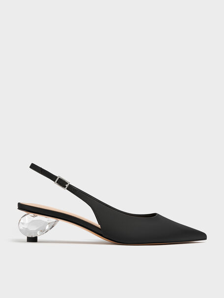 Pointed Crystal-Heel Slingback Pumps, Black Textured, hi-res