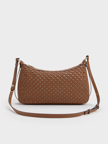 Calla Woven Shoulder Bag, Chocolate, hi-res