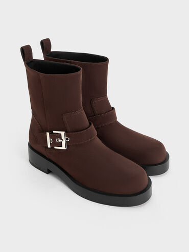 Faux Suede Buckle-Strap Biker Boots, Dark Brown, hi-res