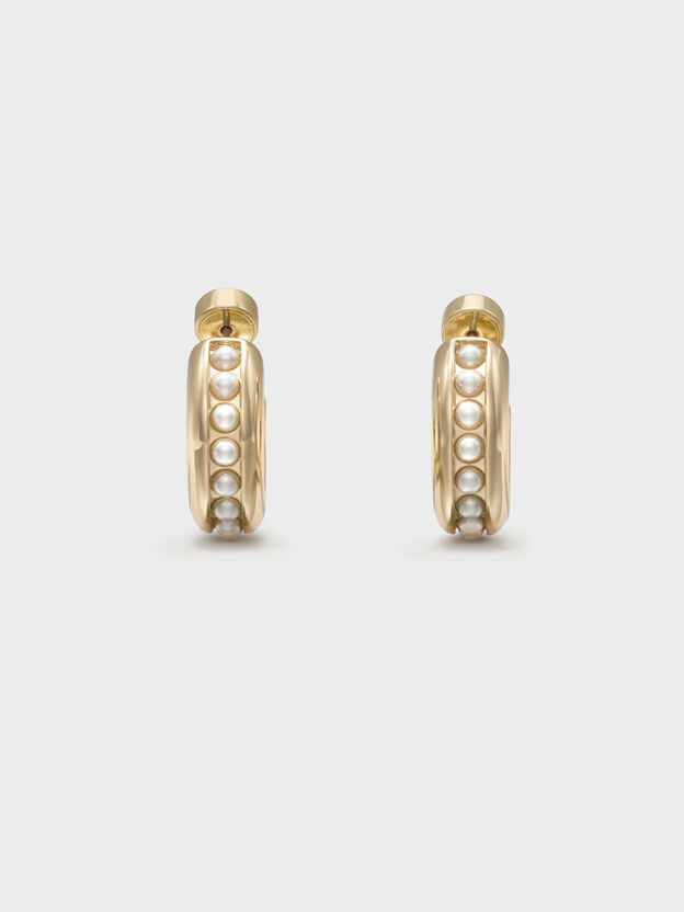 Pearl Open-Hoop Earrings, Gold, hi-res