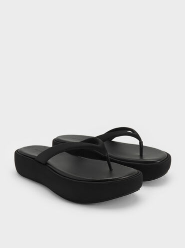 Satin Thong Flatform Sandals, Black Textured, hi-res
