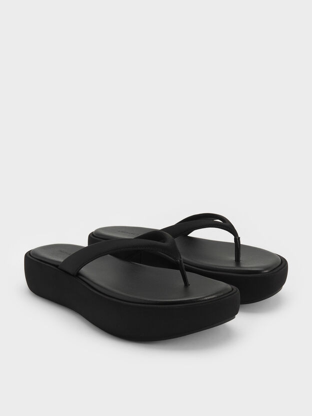 Satin Thong Flatform Sandals, Black Textured, hi-res
