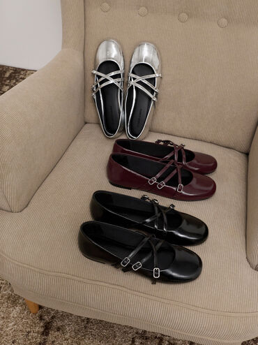 Patent Triple-Strap Crossover Mary Jane Flats, Burgundy, hi-res