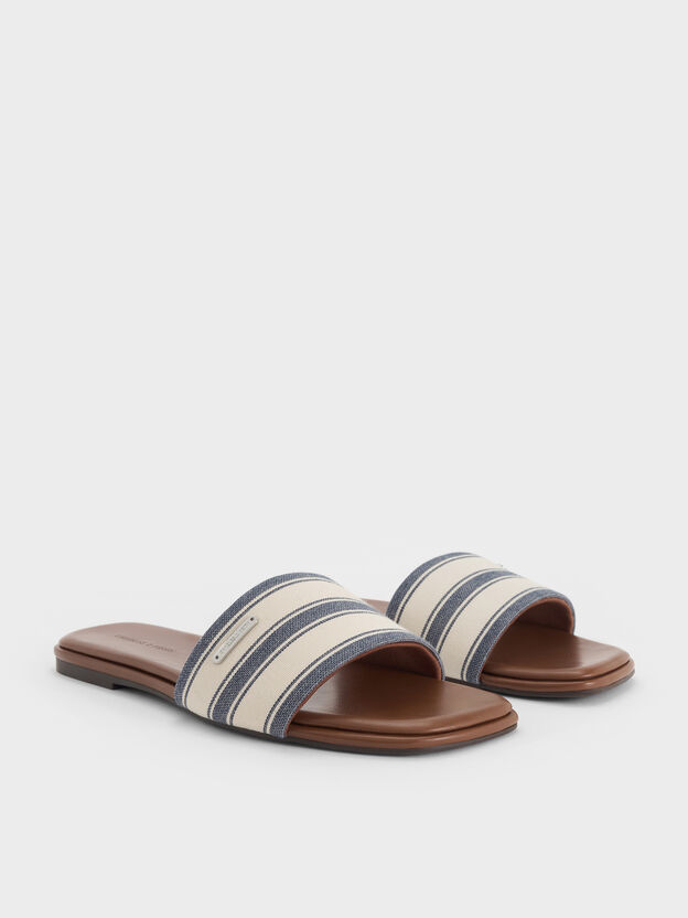 Striped Square-Toe Slide Sandals, Dark Blue, hi-res