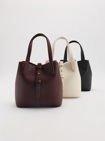 Beryl Recycled Leather Double-Handle Belted Bucket Bag, Black, hi-res