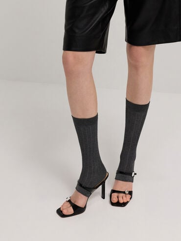 Patent Leather Gem-Buckle Double-Strap Heeled Sandals, Black Patent, hi-res