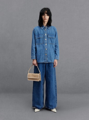 Mesh & Leather Monogram Shoulder Bag, Beige, hi-res