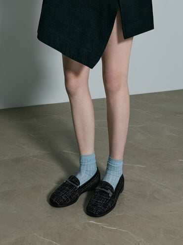 Tweed Braided-Chain Metallic-Accent Loafers, Black Textured, hi-res