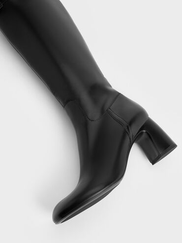 Block-Heel Knee-High Biker Boots, Black, hi-res