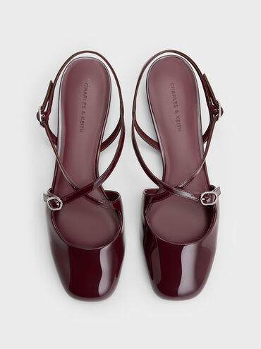 Patent Crossover Buckled Slingback Flats, Burgundy, hi-res