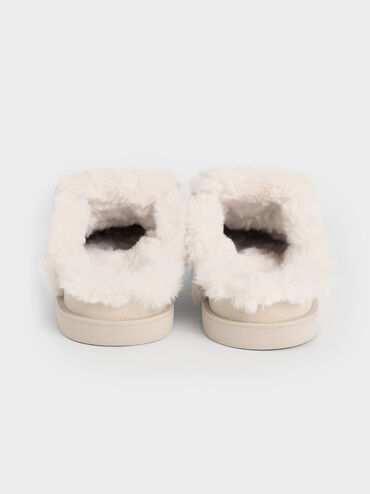 Textured Fur-Trim Flatform Mules, Beige, hi-res