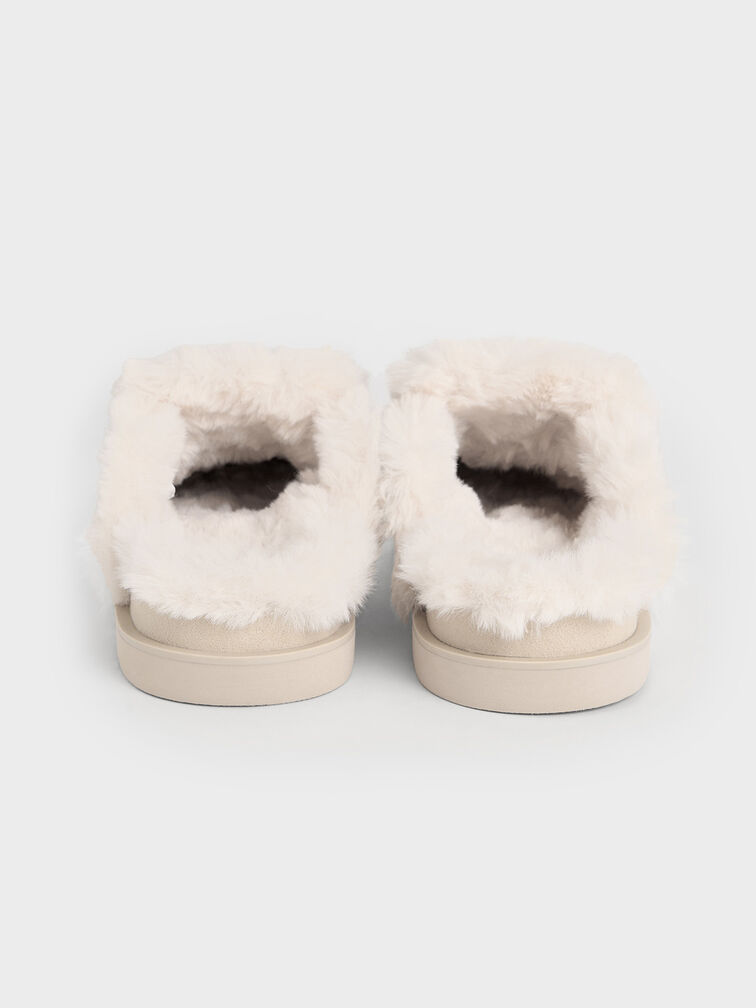 Textured Fur-Trim Flatform Mules, Beige Textured Fur-Trim Flatform Mules, Beige, hi-res