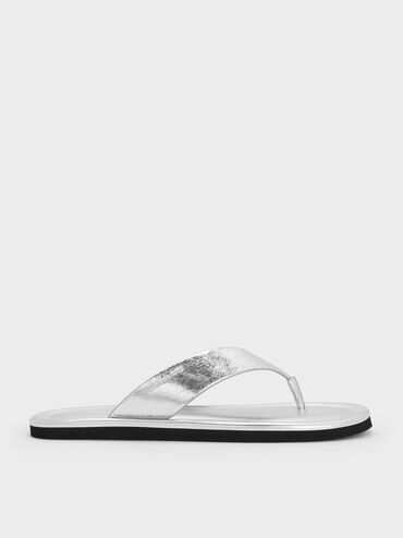 Trinah Metallic Crinkle-Effect Thong Sandals, Silver, hi-res