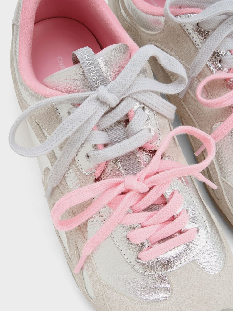 Metallic Leather & Suede Double-Lace Sneakers, Silver, hi-res