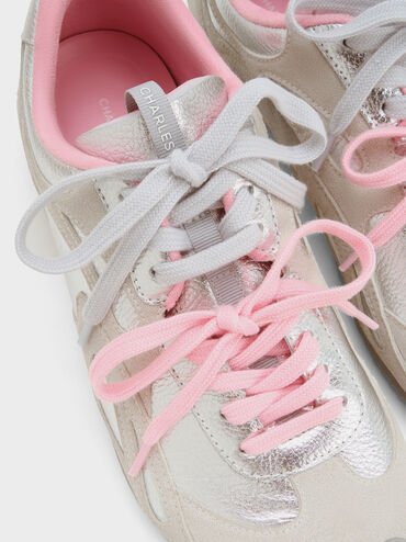 Metallic Leather & Suede Double-Lace Sneakers, Silver, hi-res