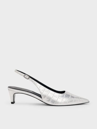Croc-Effect Pointed-Toe Kitten-Heel Slingback Pumps, Animal Print Silver, hi-res