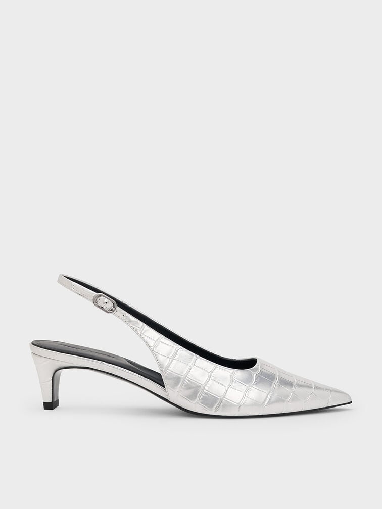 Croc-Effect Pointed-Toe Kitten-Heel Slingback Pumps, Animal Print Silver, hi-res