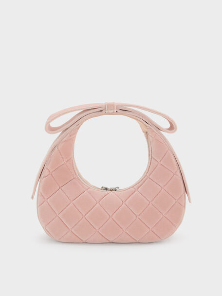 Janie Velvet Quilted Bow-Handle Bag, Pink, hi-res