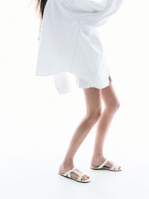 Ruched-Strap Slide Sandals, White, hi-res