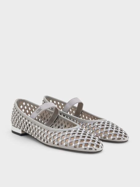 Studded Cut-Out Ballet Flats, Light Grey, hi-res