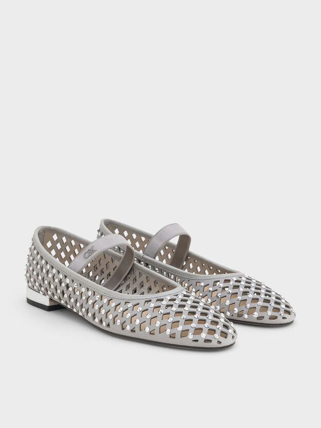 Studded Cut-Out Ballet Flats, Light Grey, hi-res