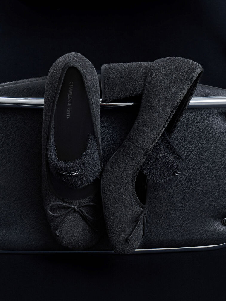 Winona Felt Bow Furry-Strap Mary Jane Pumps, Black Textured, hi-res