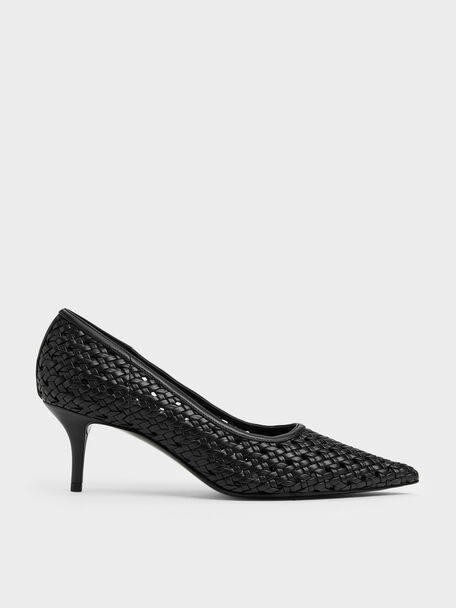 Woven Pointed Stiletto Pumps, Black, hi-res