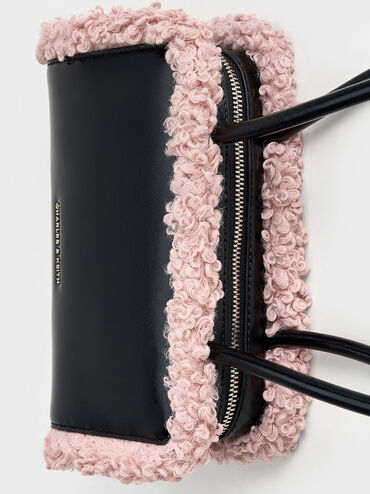 Fur-Trim Elongated-Handle Shoulder Bag, Pink, hi-res