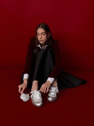 Louise Lace-Trim Sneakers, Silver, hi-res