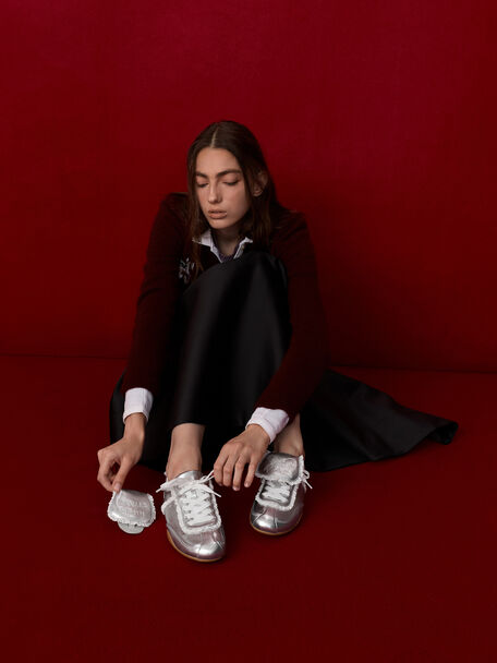 Louise Lace-Trim Sneakers, Silver, hi-res