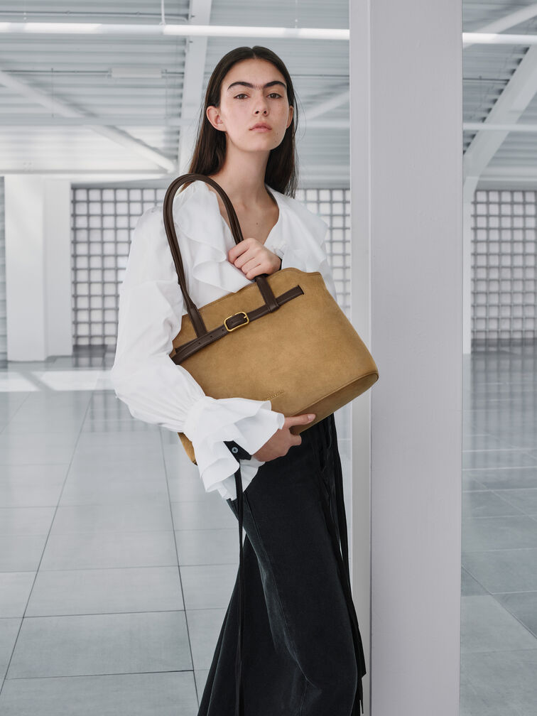 Victoria Recycled Suede Belted Trapeze Tote Bag, Sahara Sand, hi-res