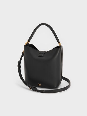Gabine Leather Belted Top-Handle Bucket Bag, Black, hi-res