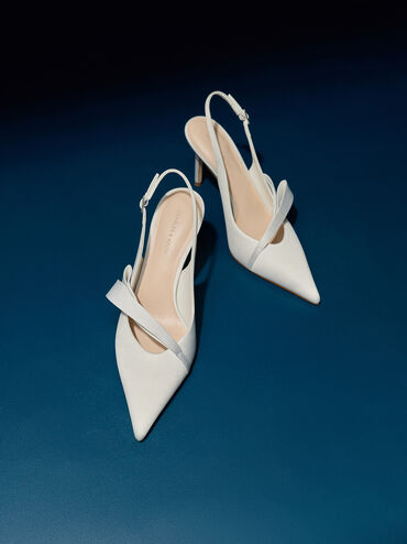 Satin Pleated-Strap Slingback Pumps, Light Grey, hi-res